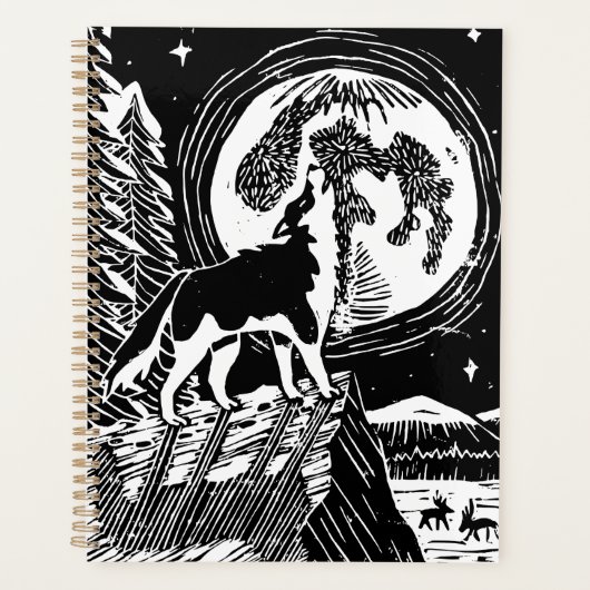 Black & White Howling Husky at Night Linocut プランナー手帳 (正面)