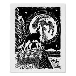 Black & White Howling Husky at Night Linocut ポスター