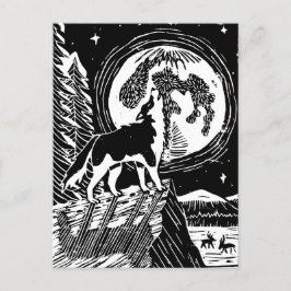 Black & White Howling Husky at Night Linocut ポストカード