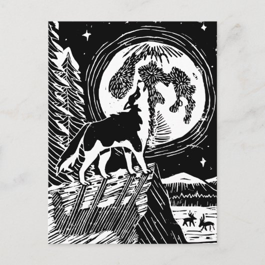 Black & White Howling Husky at Night Linocut ポストカード (正面)