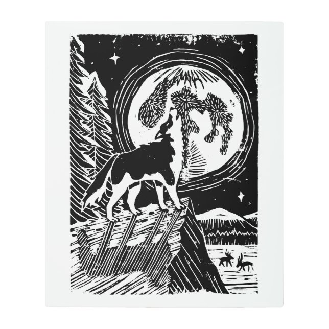 Black & White Howling Husky at Night Linocut メタルプリント (正面)
