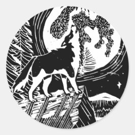 Black & White Howling Husky at Night Linocut ラウンドシール