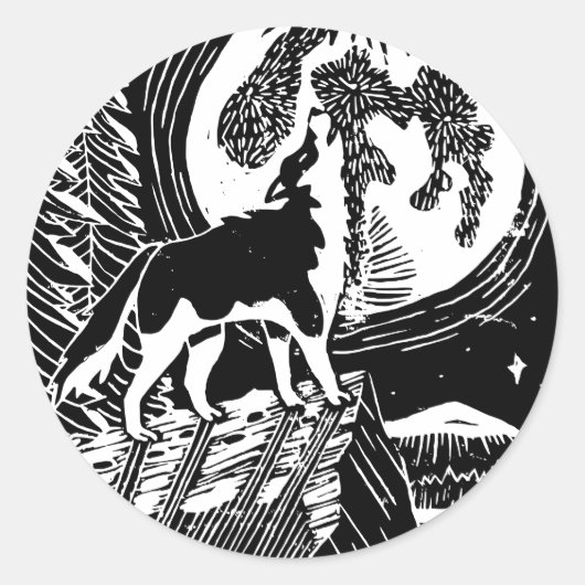 Black & White Howling Husky at Night Linocut ラウンドシール (正面)