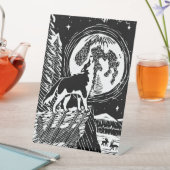 Black & White Howling Husky at Night Linocut 台座サイン (インサイチュ)