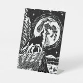 Black & White Howling Husky at Night Linocut 台座サイン (正面)