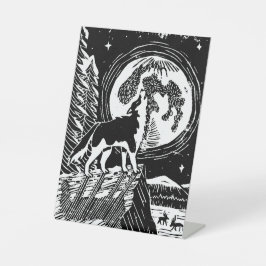 Black & White Howling Husky at Night Linocut 台座サイン