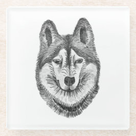 Black & White Ink & Watercolor Siberian Husky ガラスコースター