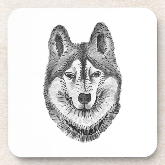 Black & White Ink & Watercolor Siberian Husky コースター (正面)