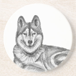Black & White Ink & Watercolor Siberian Husky コースター
