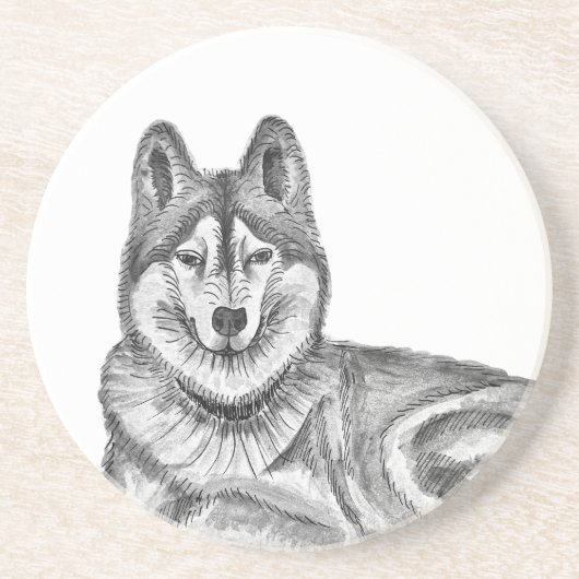 Black & White Ink & Watercolor Siberian Husky コースター (正面)