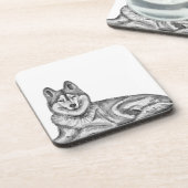 Black & White Ink & Watercolor Siberian Husky コースター (左側)