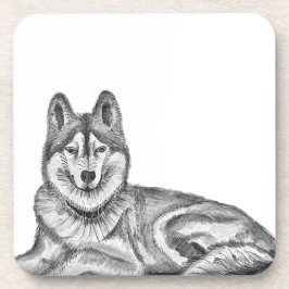 Black & White Ink & Watercolor Siberian Husky コースター