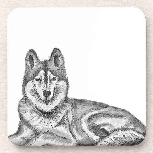 Black & White Ink & Watercolor Siberian Husky コースター (正面)