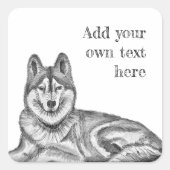 Black & White Ink & Watercolor Siberian Husky スクエアシール (正面)