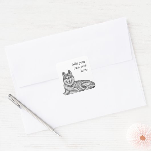 Black & White Ink & Watercolor Siberian Husky スクエアシール (封筒)