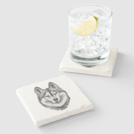 Black & White Ink & Watercolor Siberian Husky ストーンコースター