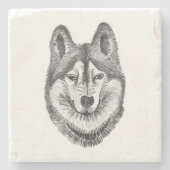 Black & White Ink & Watercolor Siberian Husky ストーンコースター (正面)