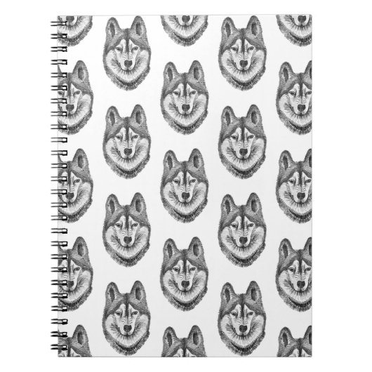 Black & White Ink & Watercolor Siberian Husky ノートブック (正面)