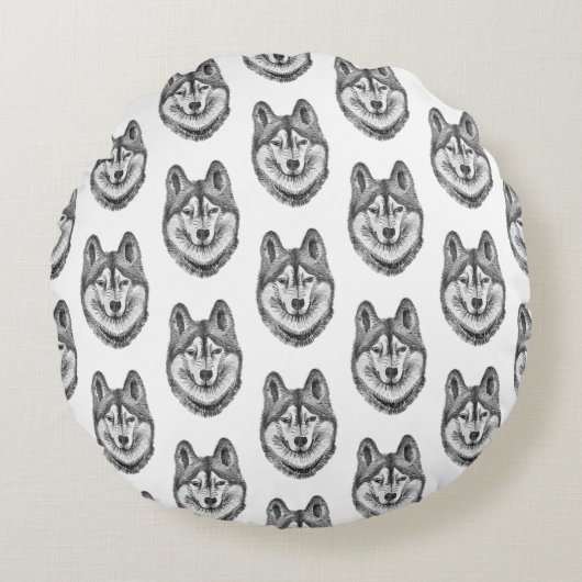 Black & White Ink & Watercolor Siberian Husky ラウンドクッション (正面)