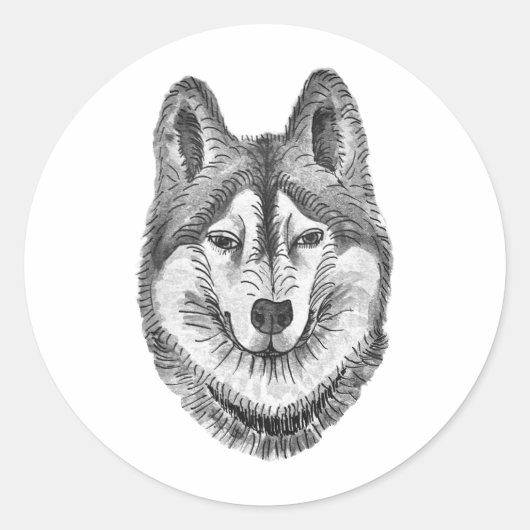 Black & White Ink & Watercolor Siberian Husky ラウンドシール (正面)