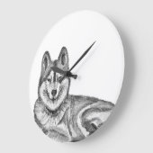 Black & White Ink & Watercolor Siberian Husky ラージ壁時計 (傾斜)