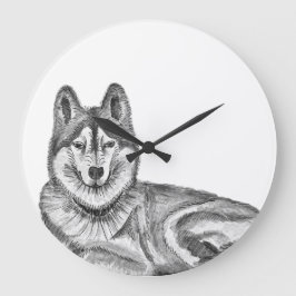 Black & White Ink & Watercolor Siberian Husky ラージ壁時計