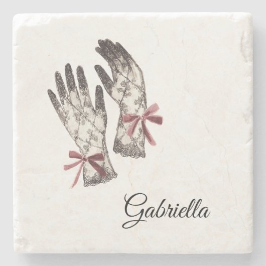 Black White Lace Gloves Burgundy Bow ストーンコースター (正面)