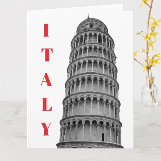 Black White Leaning Tower of Pisa Italy カード (黄色い花)