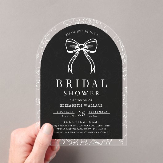 Black White Line Art Coquette Bow Bridal Shower アクリル招待状 (インサイチュ (ポータブル))