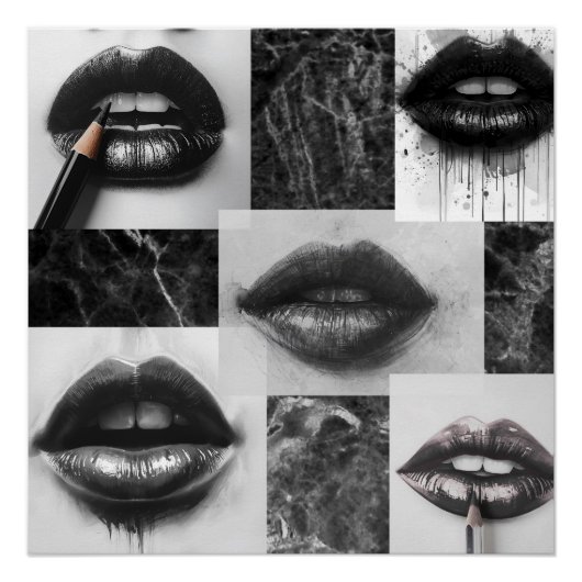 Black & White Lips Collage Glossy Poster ポスター (正面)