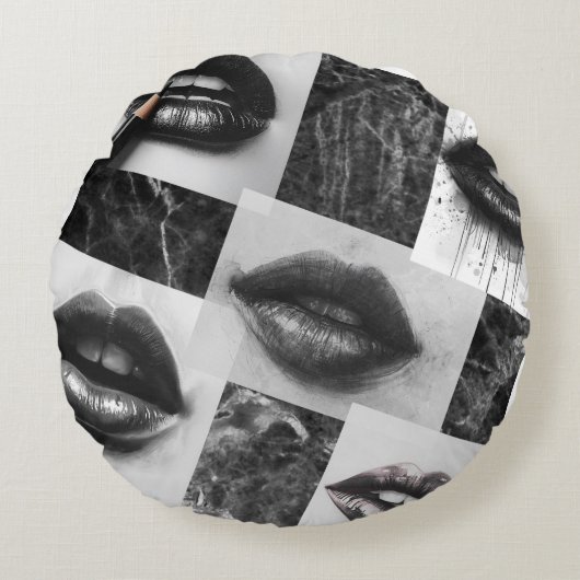 Black & White Lips Collage Round Throw Pillow ラウンドクッション (正面)