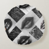 Black & White Lips Collage Round Throw Pillow ラウンドクッション (裏面)