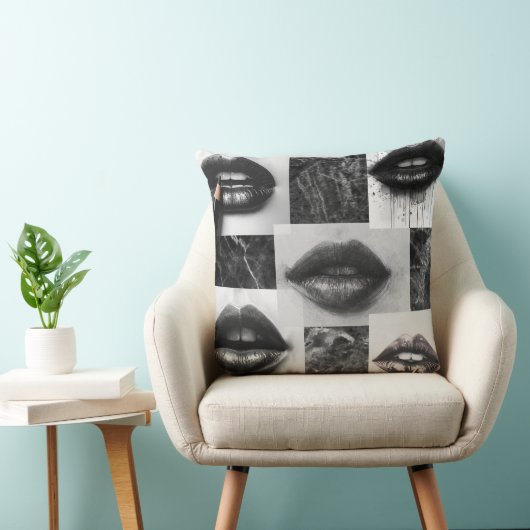 Black & White Lips Collage Throw Pillow クッション (椅子)