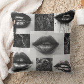 Black & White Lips Collage Throw Pillow クッション (ブランケット)