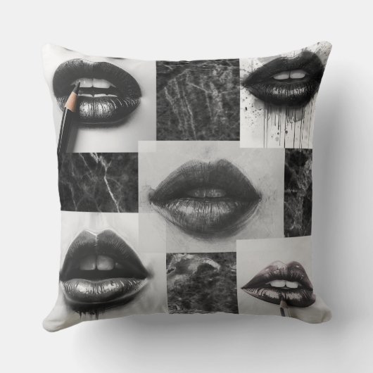 Black & White Lips Collage Throw Pillow クッション (裏面)