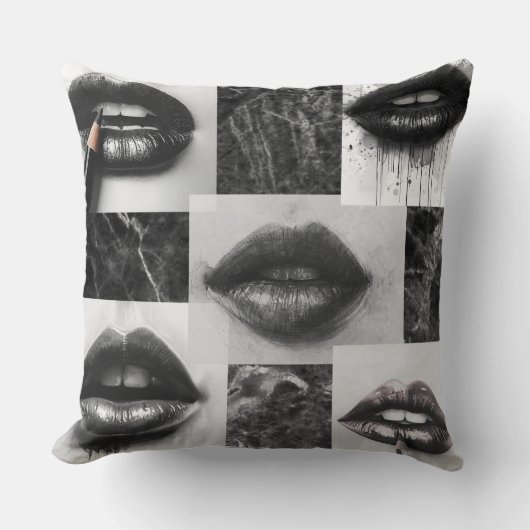 Black & White Lips Collage Throw Pillow クッション (正面)