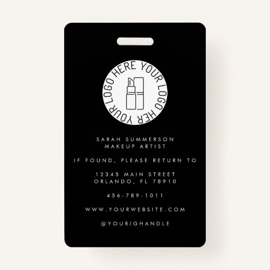 Black White Logo Photo Makeup Employee バッジ (裏面)