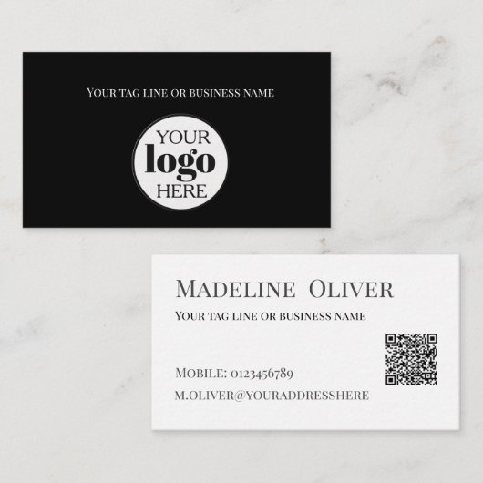 Black White Logo QR Code Simple 名刺 (正面/裏面)