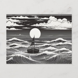 Black & White Lonely Sailboat Moon Waves ポストカード