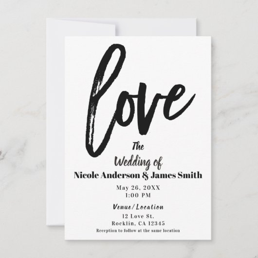 Black & White LOVE Brushモダン Script結婚's 招待状 (正面)