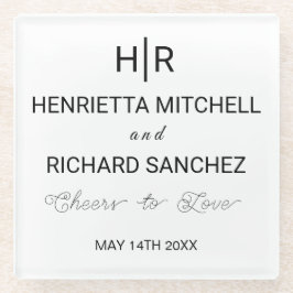 Black & White Minimal Clean Monogram Wedding  ガラスコースター