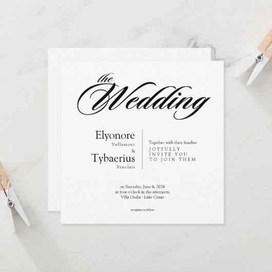 Black & White Minimal Square Wedding Invitation カード (正面/裏面インサイチュ)