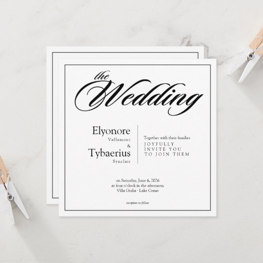 Black & White Minimal Square Wedding Invitation カード (正面/裏面インサイチュ)