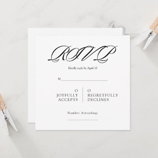 Black& White Minimal Square Wedding RSVP カード (正面/裏面インサイチュ)