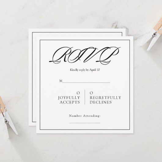 Black& White Minimal Square Wedding RSVP カード (正面/裏面インサイチュ)