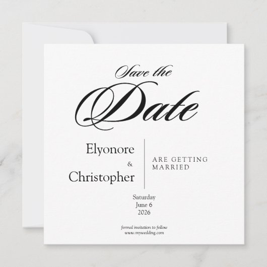 Black& White Minimal Square Wedding Save the Date カード (正面)