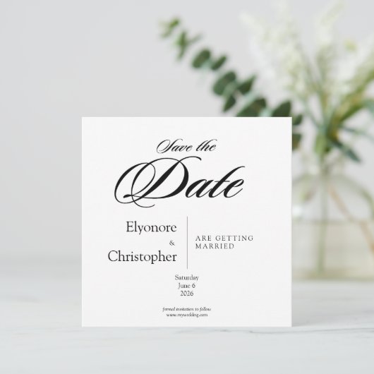 Black & White Minimal Square Wedding Save the Date カード (スタンド正面)