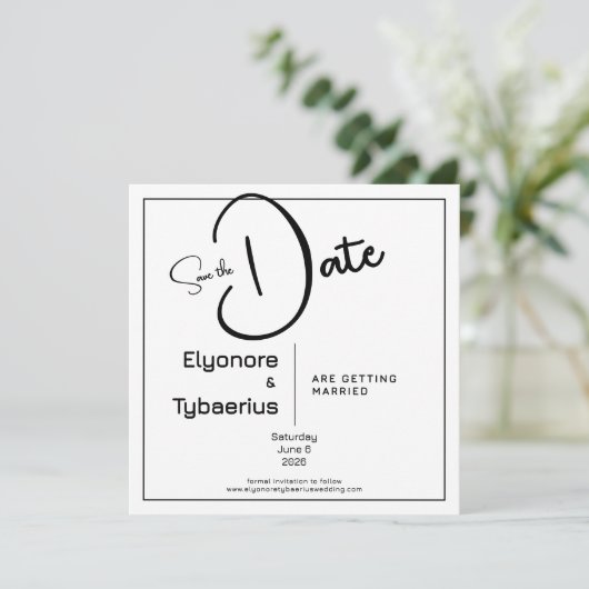 Black & White Minimal Square Wedding Save the Date カード (スタンド正面)