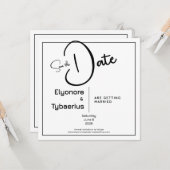 Black & White Minimal Square Wedding Save the Date カード (正面/裏面インサイチュ)