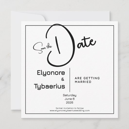 Black & White Minimal Square Wedding Save the Date カード (正面)